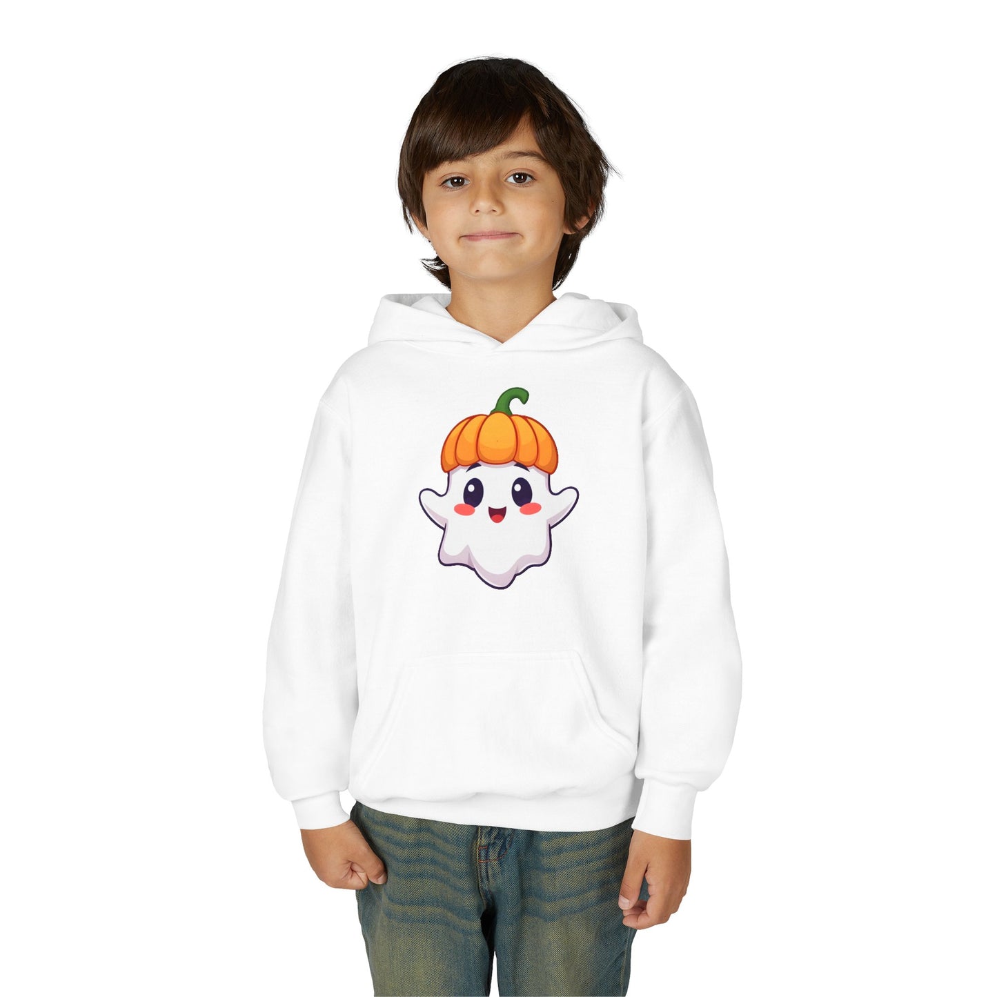Youth Hoodie - Cute Pumpkin Ghost, Halloween Sweatshirt, Kids Costume, Fall Apparel, Trendy Hooded Sweatshirt
