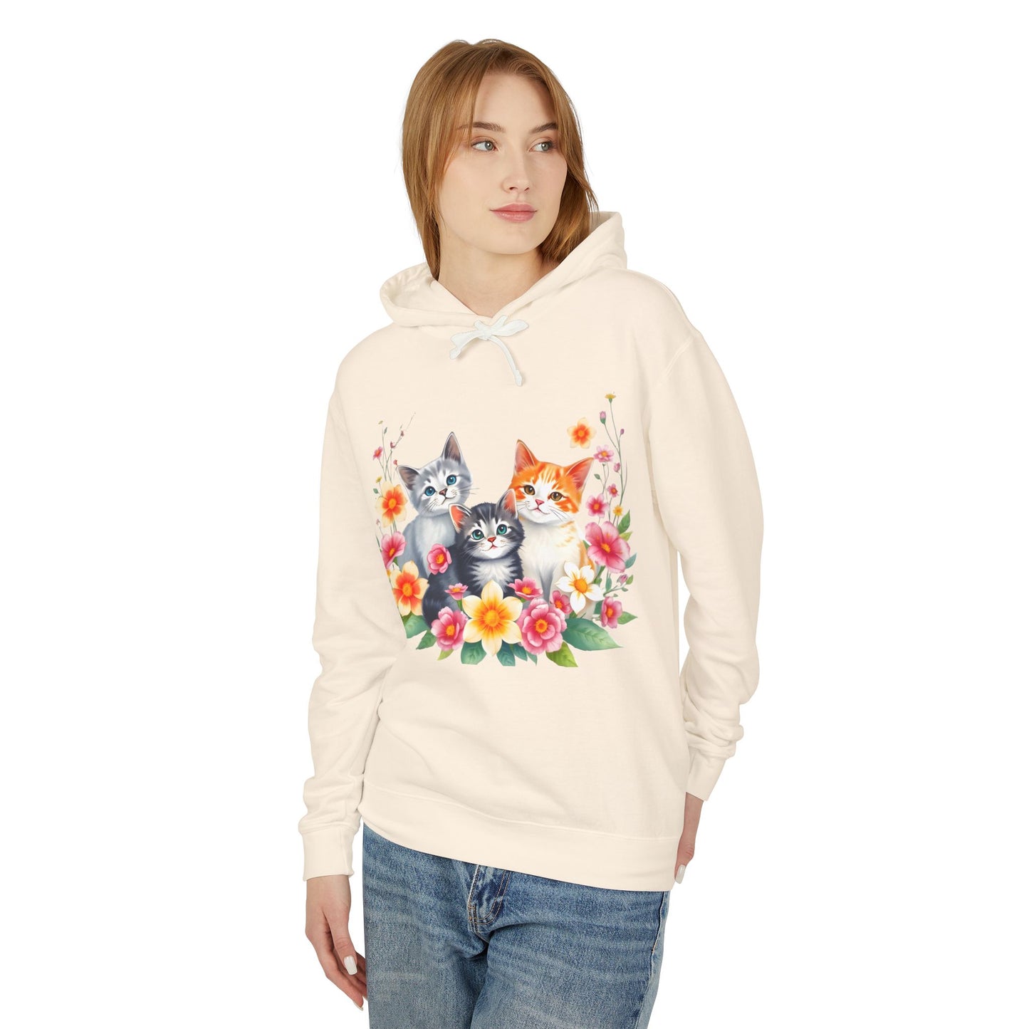 Unisex Lightweight Hooded Sweatshirt - 'Cute Cats Floral'