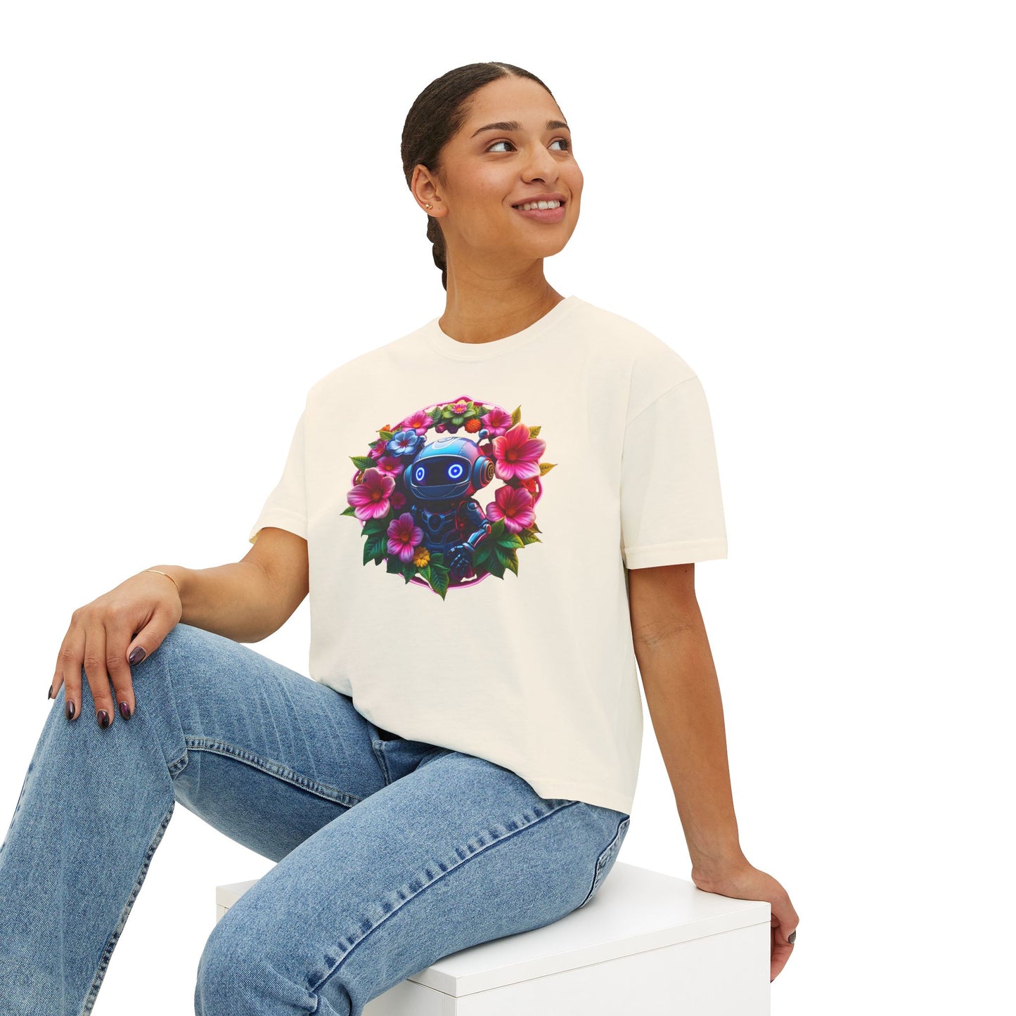 Womens Boxy Tee - 'Botanical Robot' Floral Graphic T-Shirt