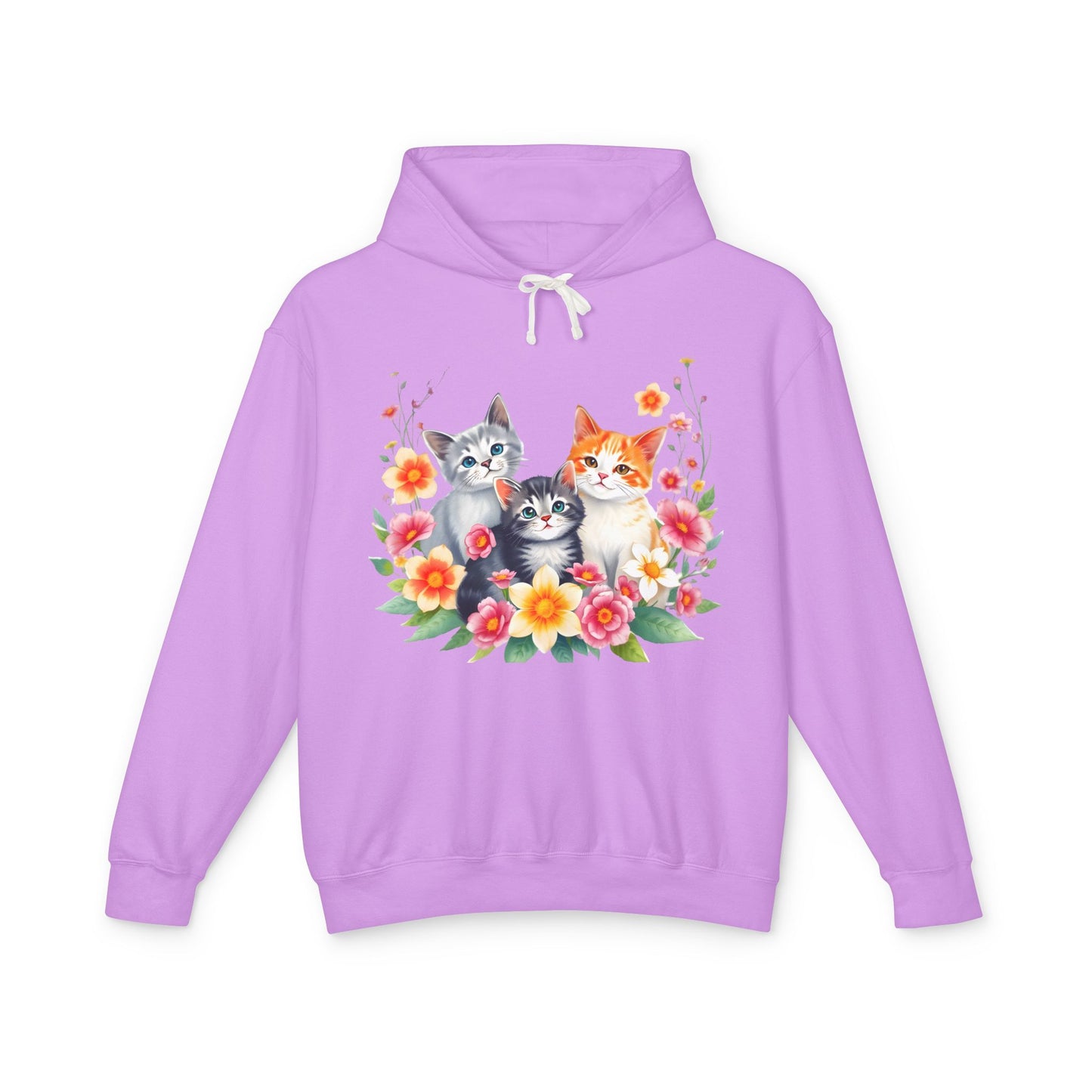 Unisex Lightweight Hooded Sweatshirt - 'Cute Cats Floral'