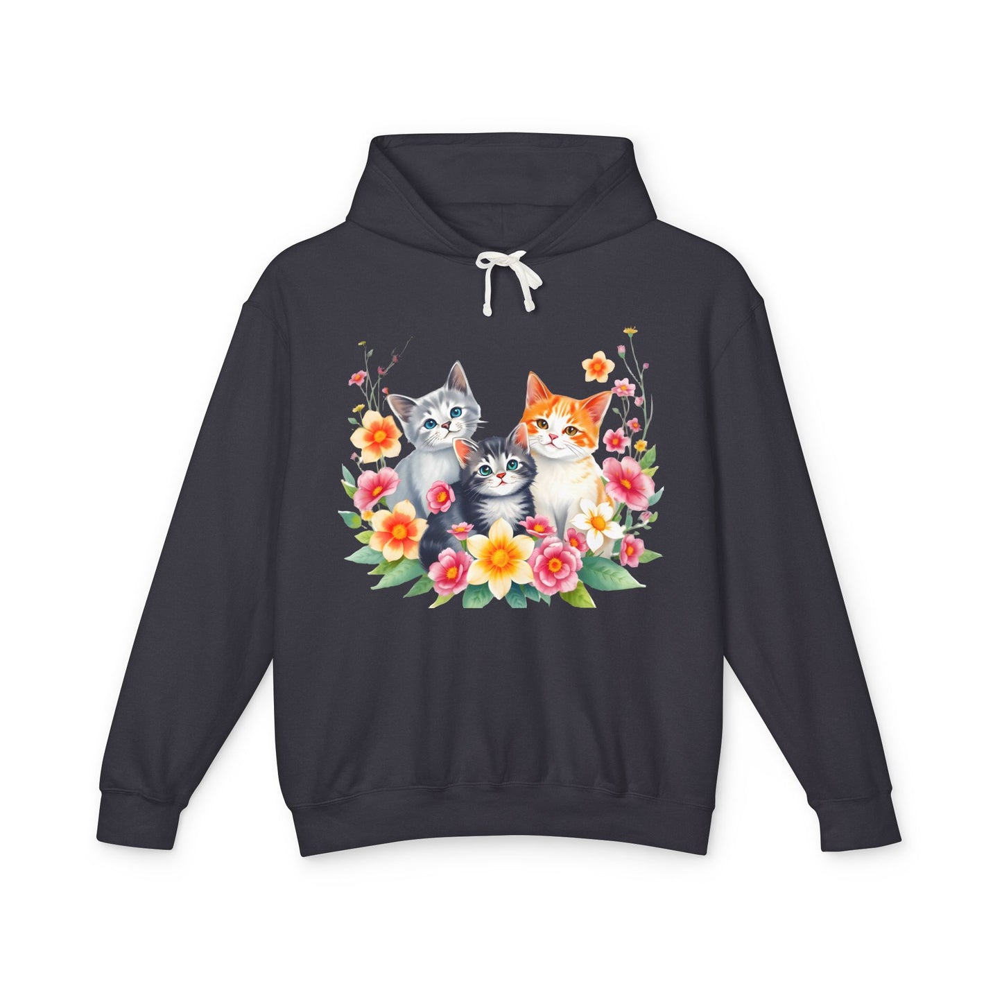 Unisex Lightweight Hooded Sweatshirt - 'Cute Cats Floral'