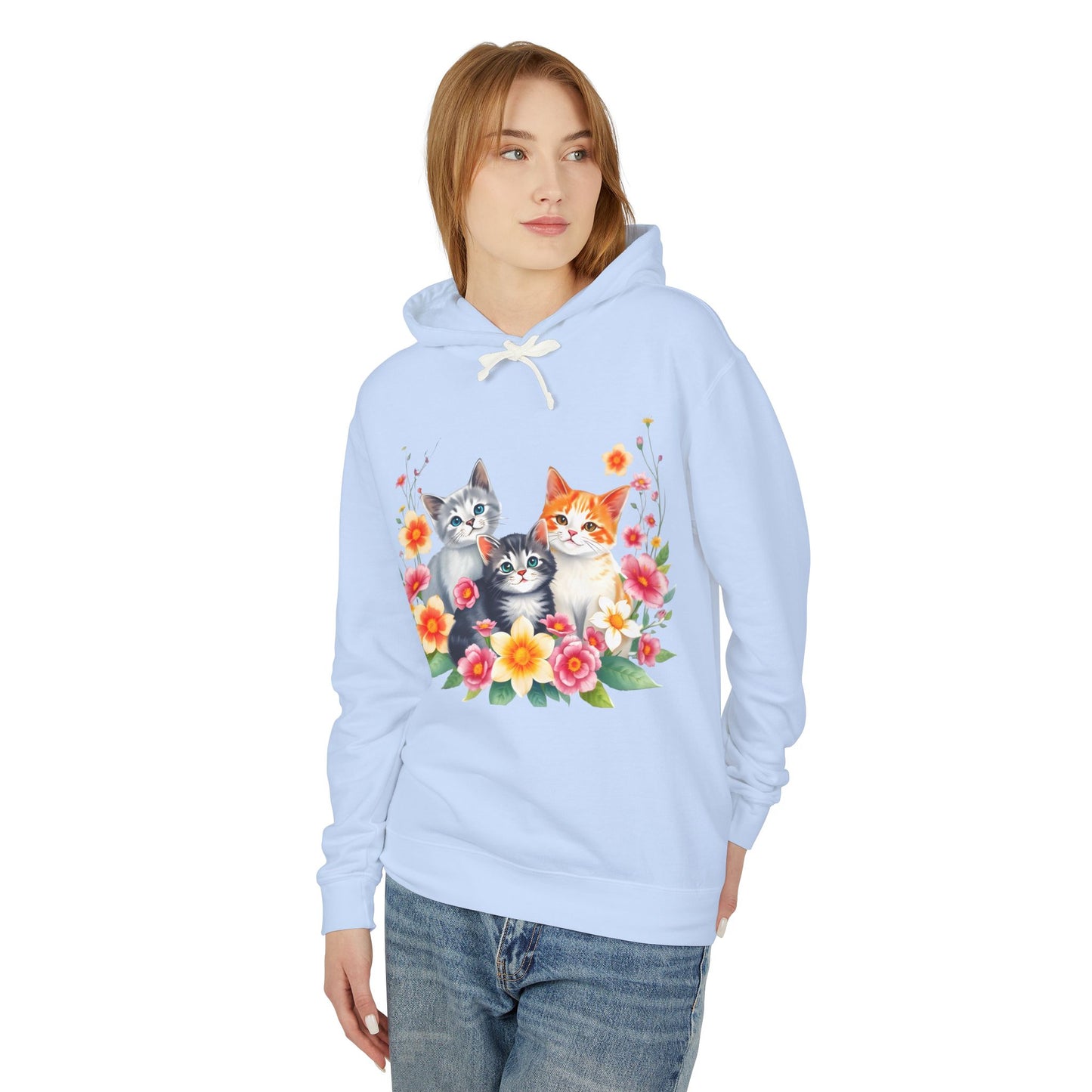 Unisex Lightweight Hooded Sweatshirt - 'Cute Cats Floral'