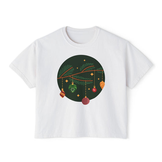 Christmas Boxy Tee — Holiday Branch & Baubles Women's Tee