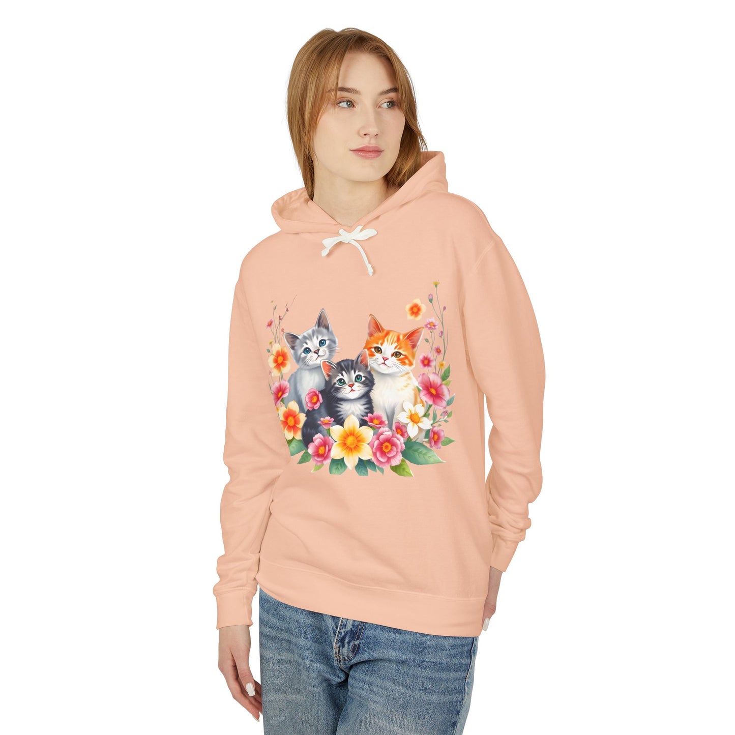 Unisex Lightweight Hooded Sweatshirt - 'Cute Cats Floral'