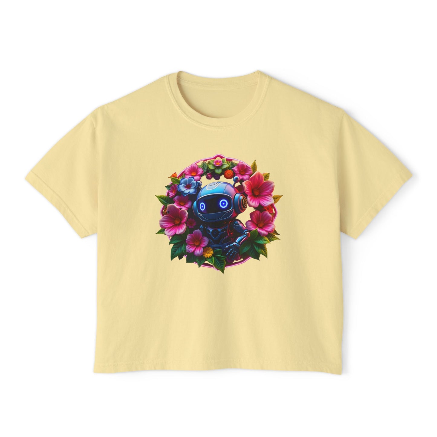 Womens Boxy Tee - 'Botanical Robot' Floral Graphic T-Shirt