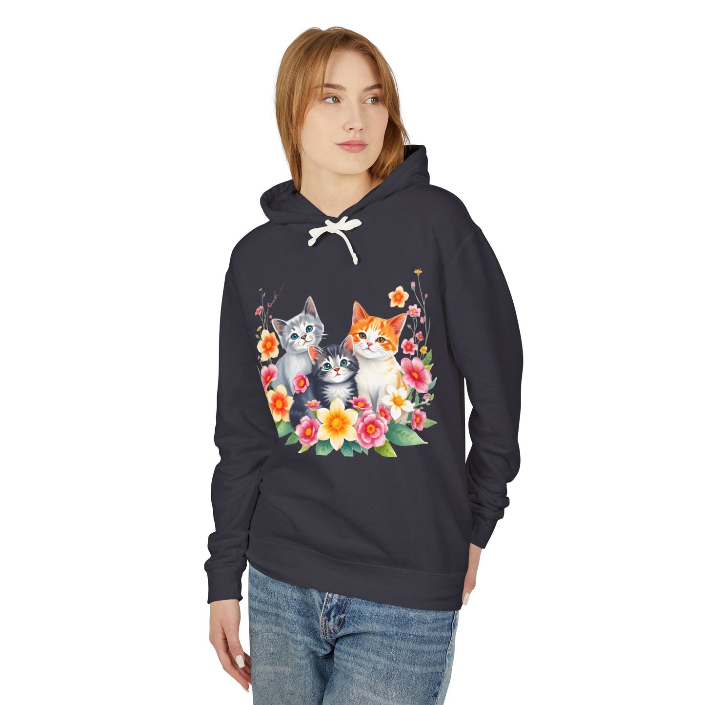 Unisex Lightweight Hooded Sweatshirt - 'Cute Cats Floral'