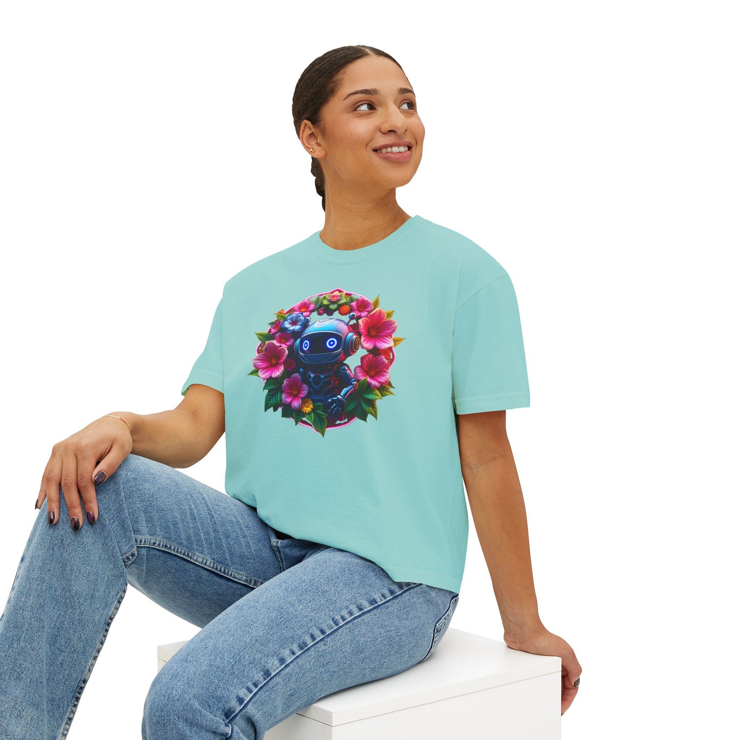Womens Boxy Tee - 'Botanical Robot' Floral Graphic T-Shirt