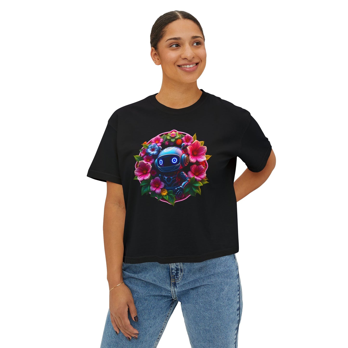 Womens Boxy Tee - 'Botanical Robot' Floral Graphic T-Shirt