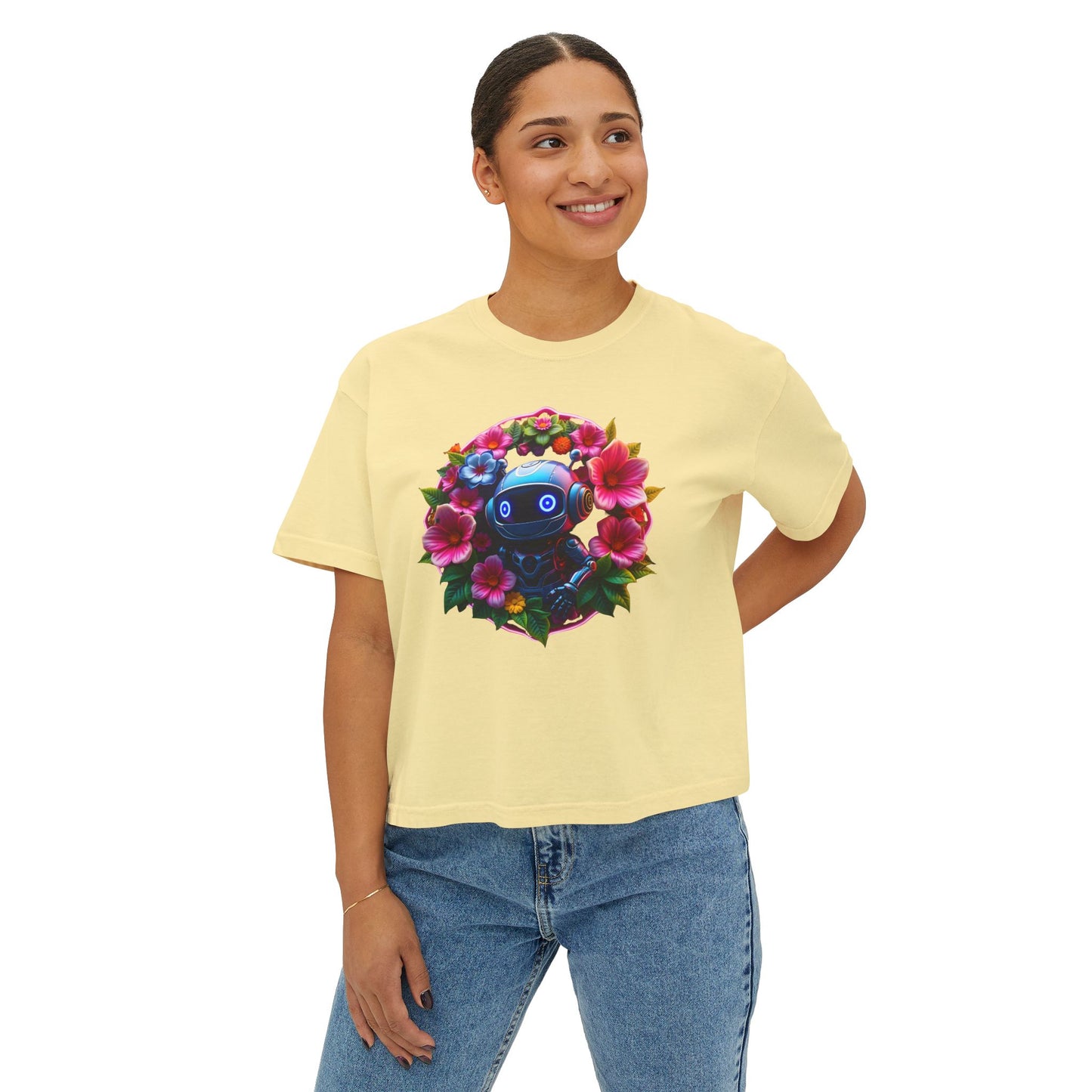Womens Boxy Tee - 'Botanical Robot' Floral Graphic T-Shirt