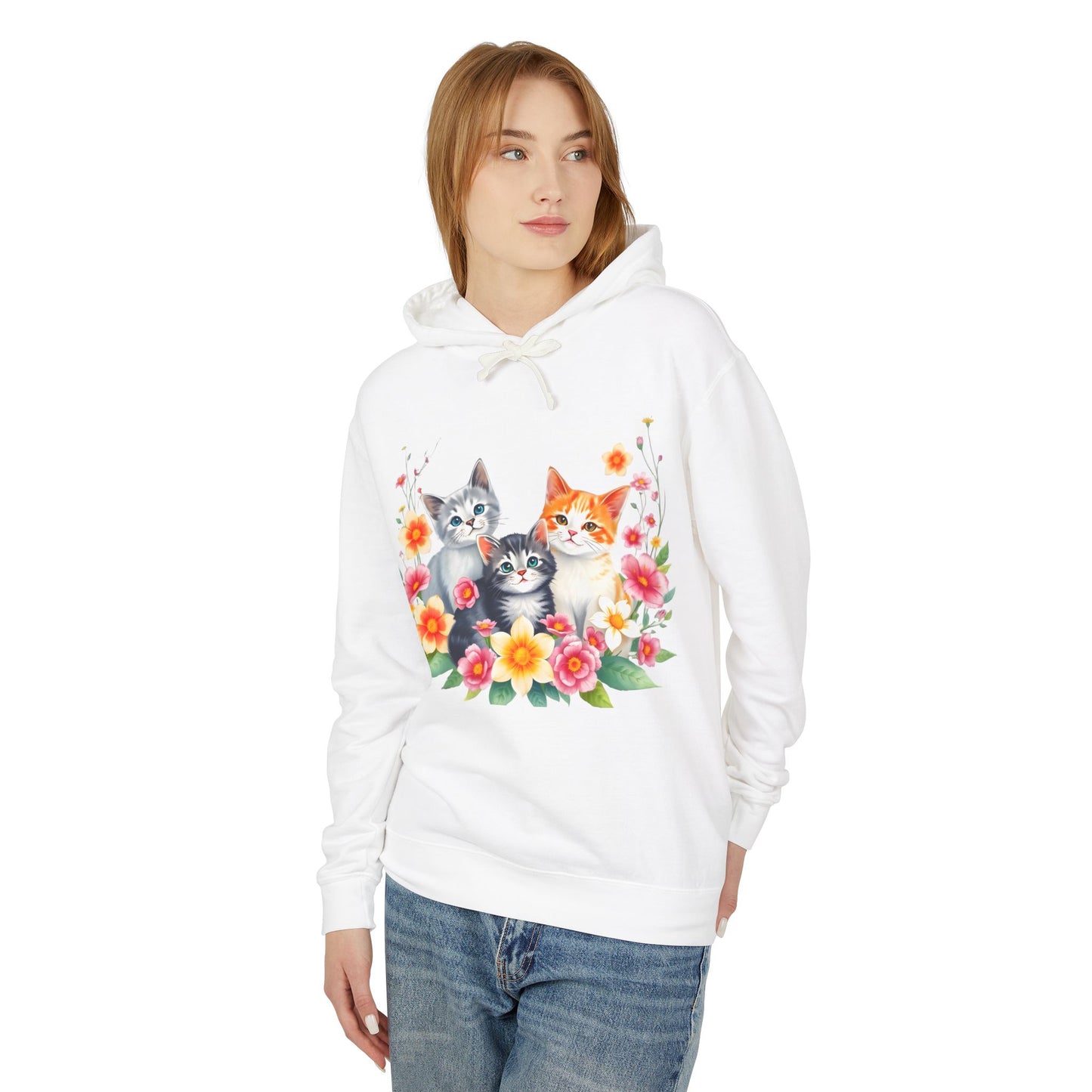 Unisex Lightweight Hooded Sweatshirt - 'Cute Cats Floral'
