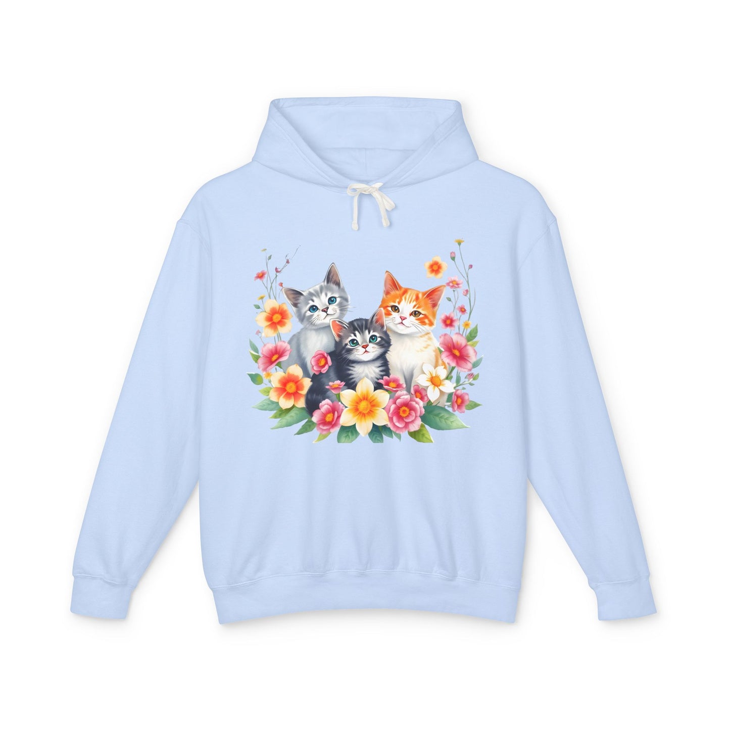 Unisex Lightweight Hooded Sweatshirt - 'Cute Cats Floral'