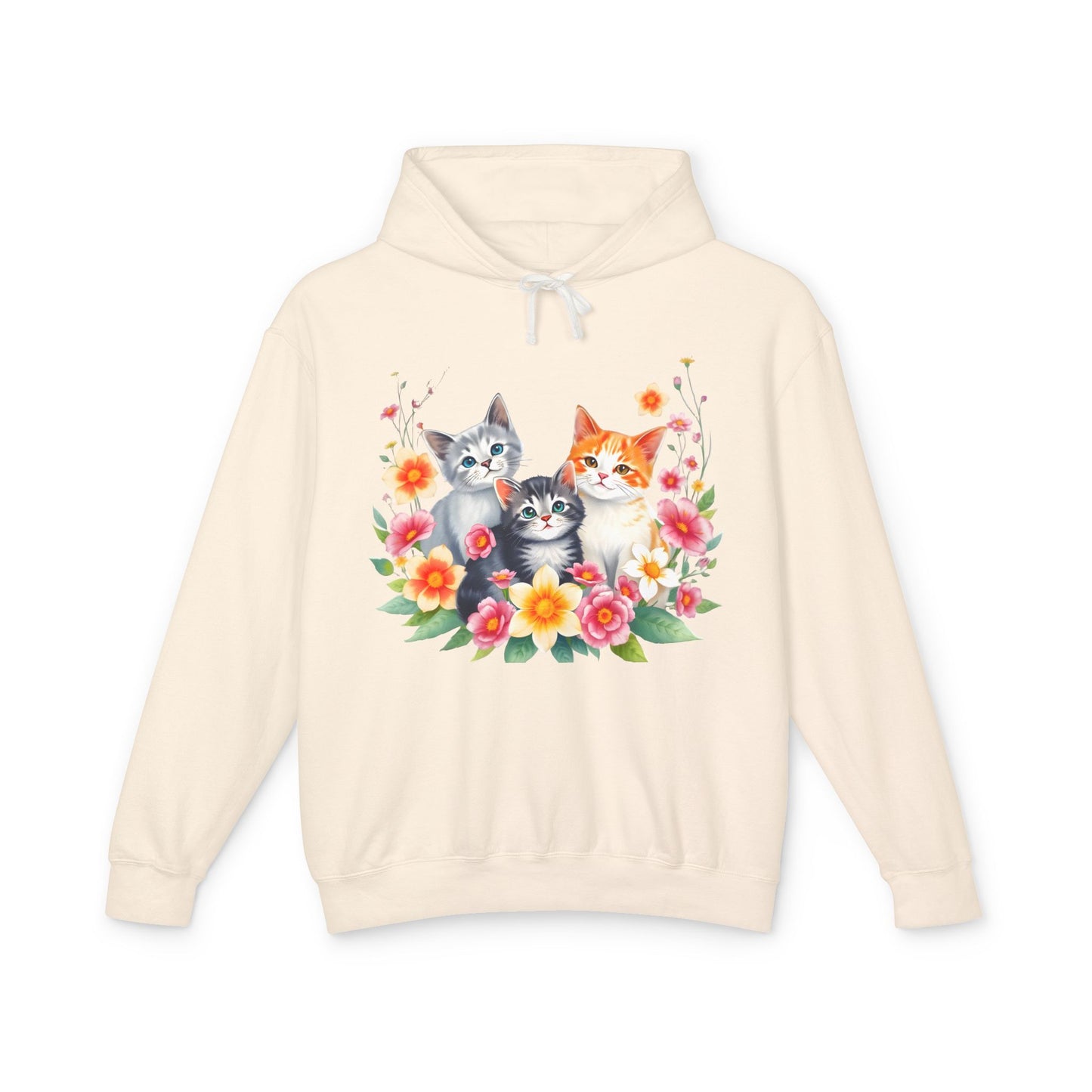 Unisex Lightweight Hooded Sweatshirt - 'Cute Cats Floral'