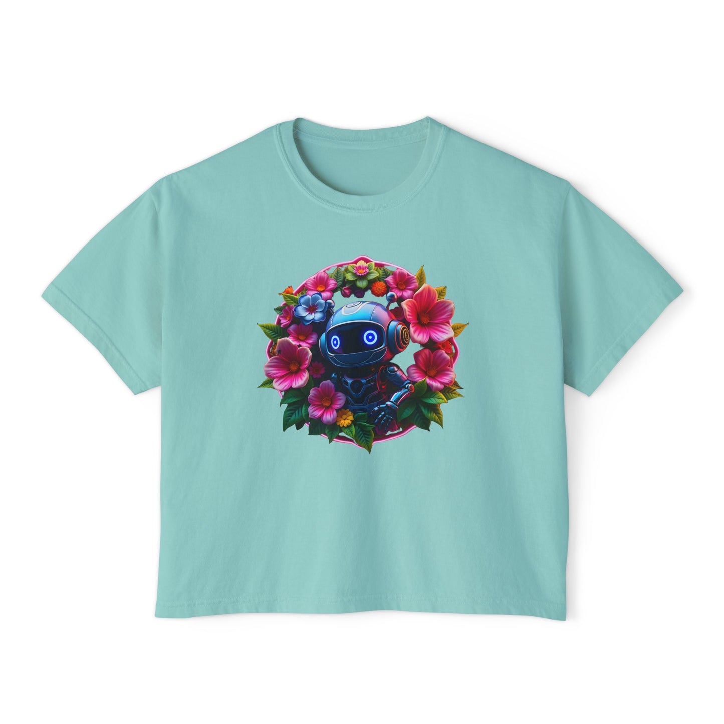 Womens Boxy Tee - 'Botanical Robot' Floral Graphic T-Shirt