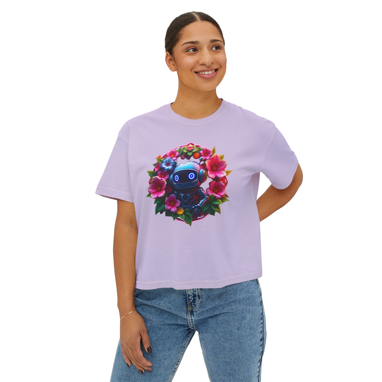 Womens Boxy Tee - 'Botanical Robot' Floral Graphic T-Shirt