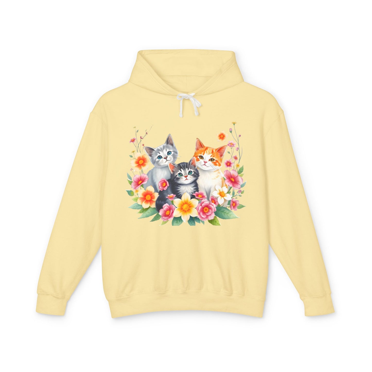 Unisex Lightweight Hooded Sweatshirt - 'Cute Cats Floral'