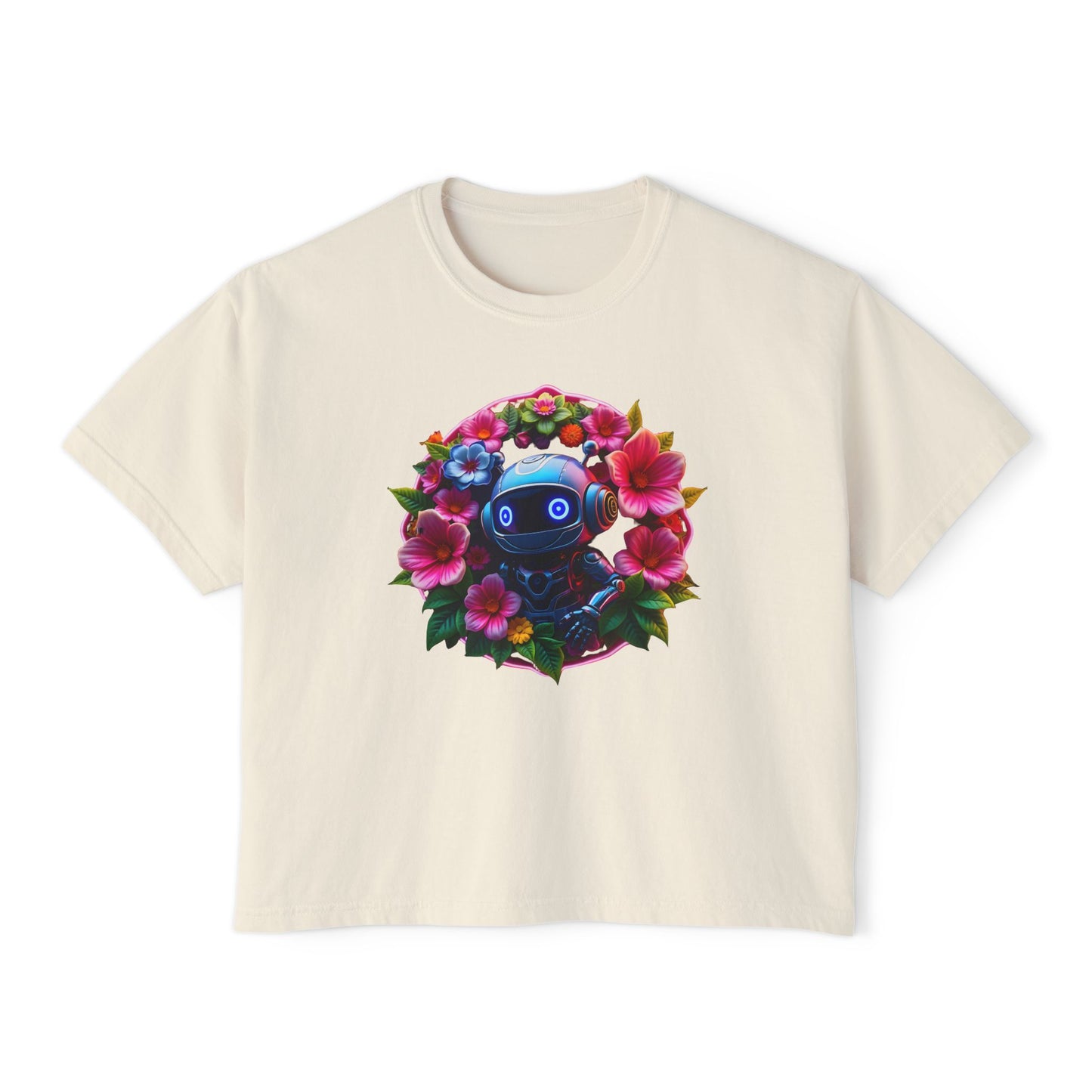 Womens Boxy Tee - 'Botanical Robot' Floral Graphic T-Shirt