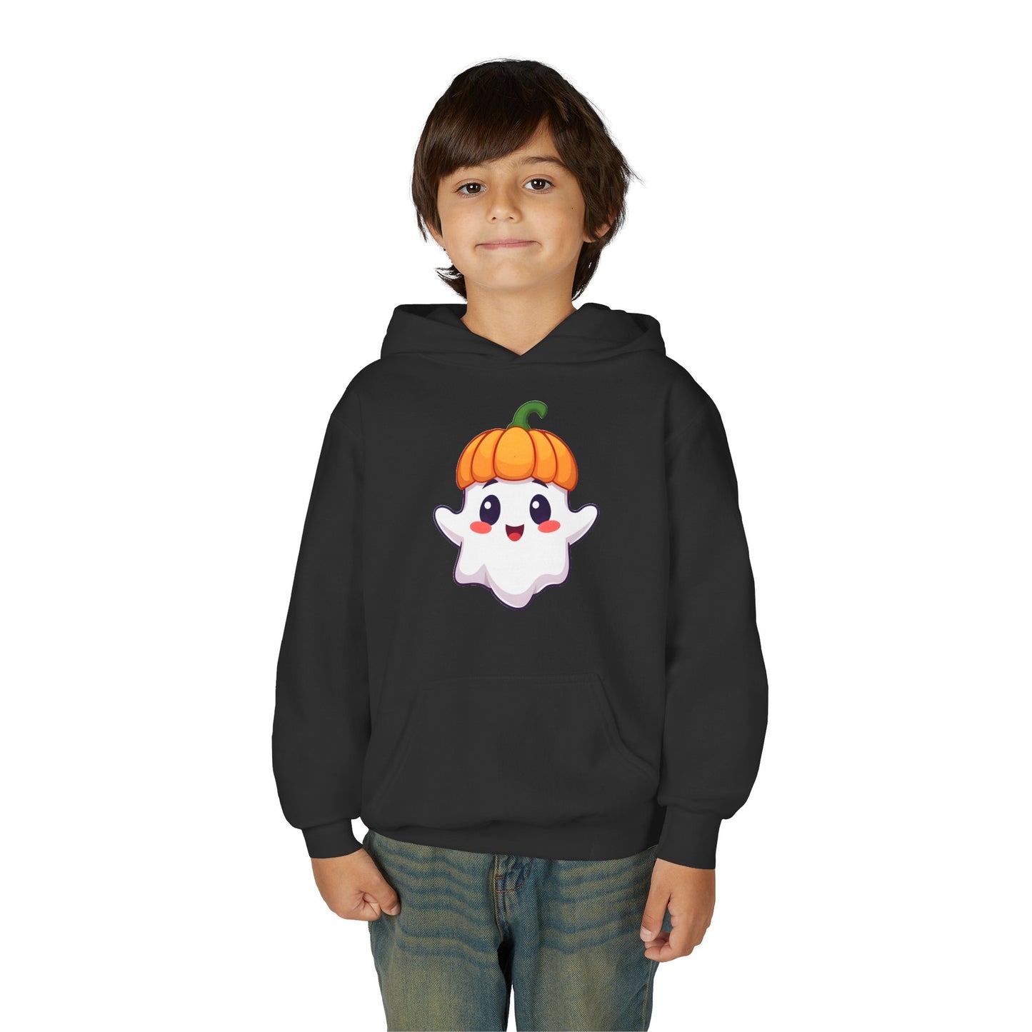 Youth Hoodie - Cute Pumpkin Ghost, Halloween Sweatshirt, Kids Costume, Fall Apparel, Trendy Hooded Sweatshirt