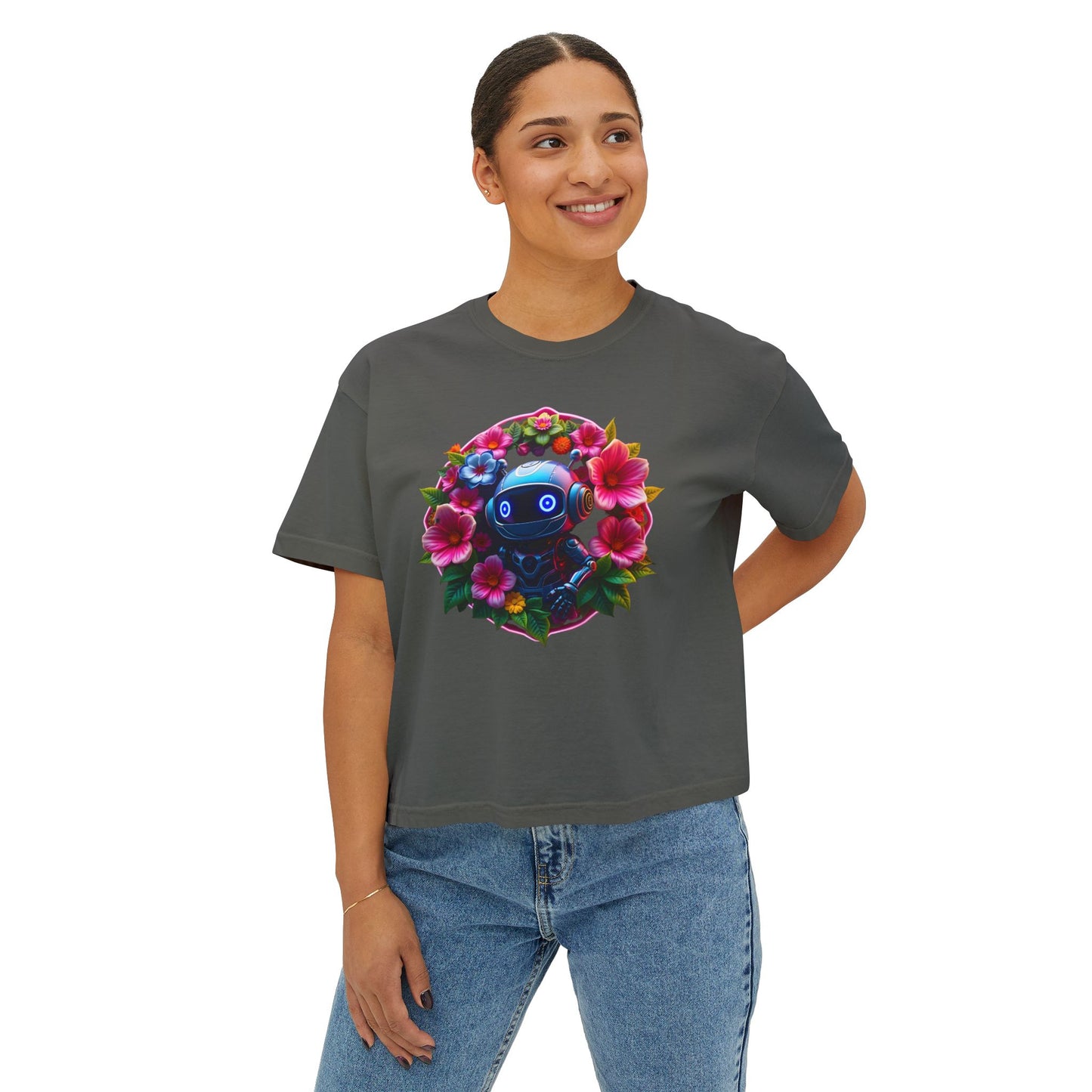 Womens Boxy Tee - 'Botanical Robot' Floral Graphic T-Shirt