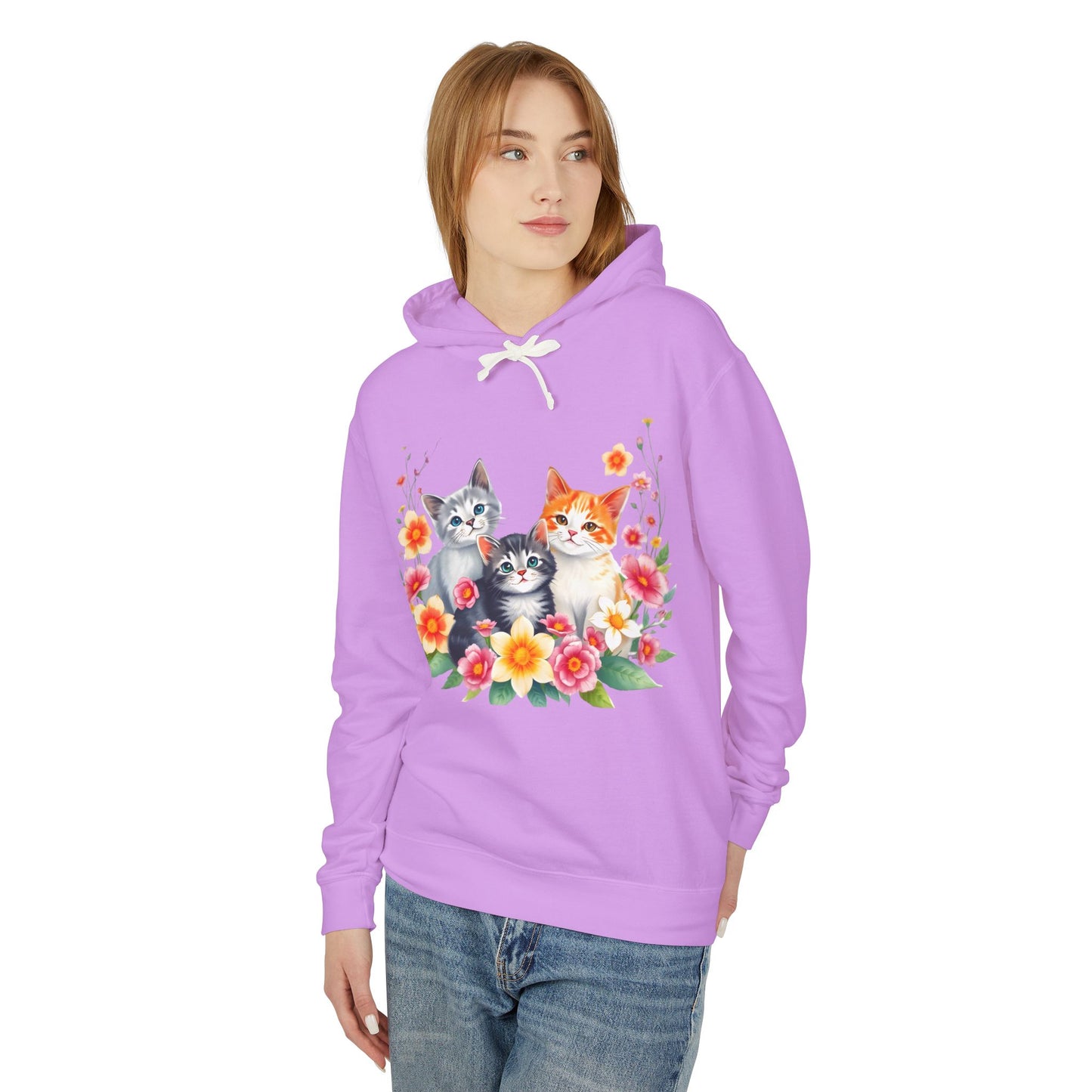 Unisex Lightweight Hooded Sweatshirt - 'Cute Cats Floral'