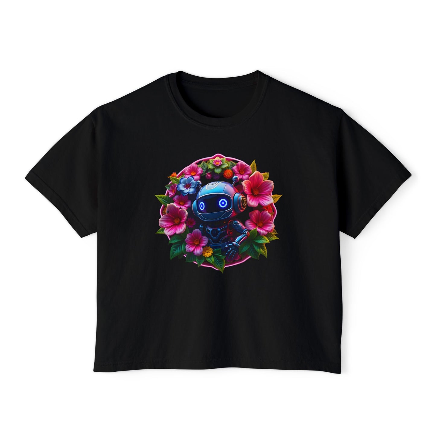 Womens Boxy Tee - 'Botanical Robot' Floral Graphic T-Shirt