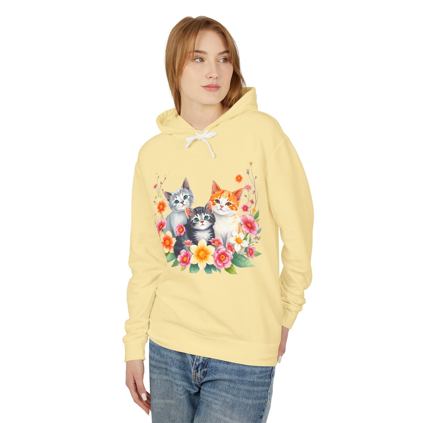 Unisex Lightweight Hooded Sweatshirt - 'Cute Cats Floral'