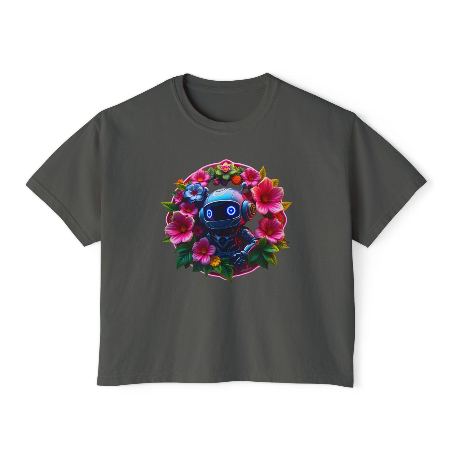 Womens Boxy Tee - 'Botanical Robot' Floral Graphic T-Shirt
