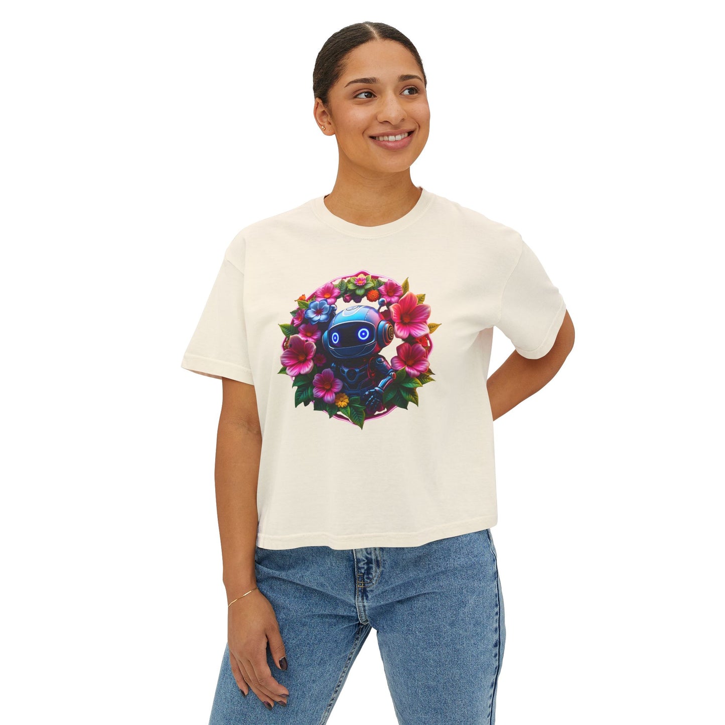 Womens Boxy Tee - 'Botanical Robot' Floral Graphic T-Shirt