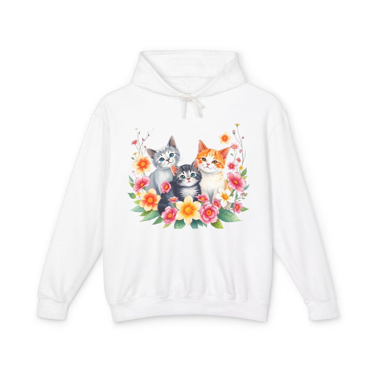 Unisex Lightweight Hooded Sweatshirt - 'Cute Cats Floral'