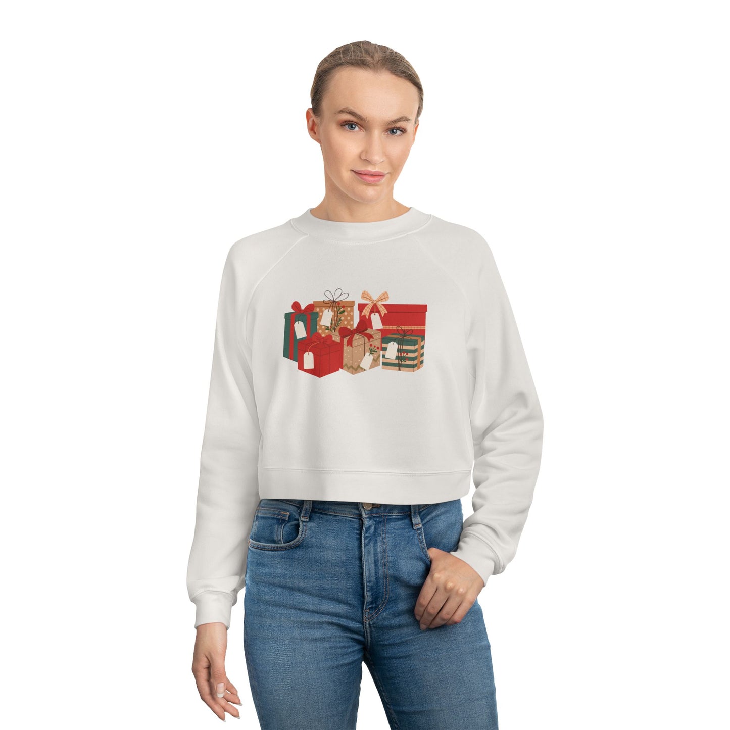 Cropped Pullover — Cozy Retro Gift Box Holiday Graphic