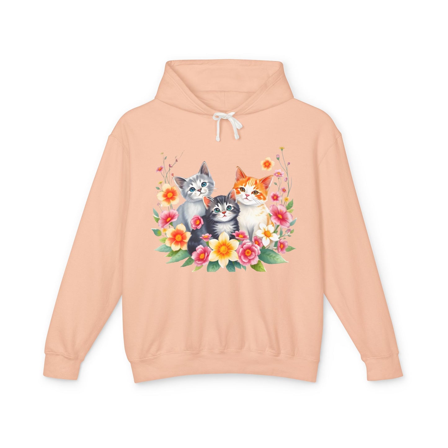 Unisex Lightweight Hooded Sweatshirt - 'Cute Cats Floral'