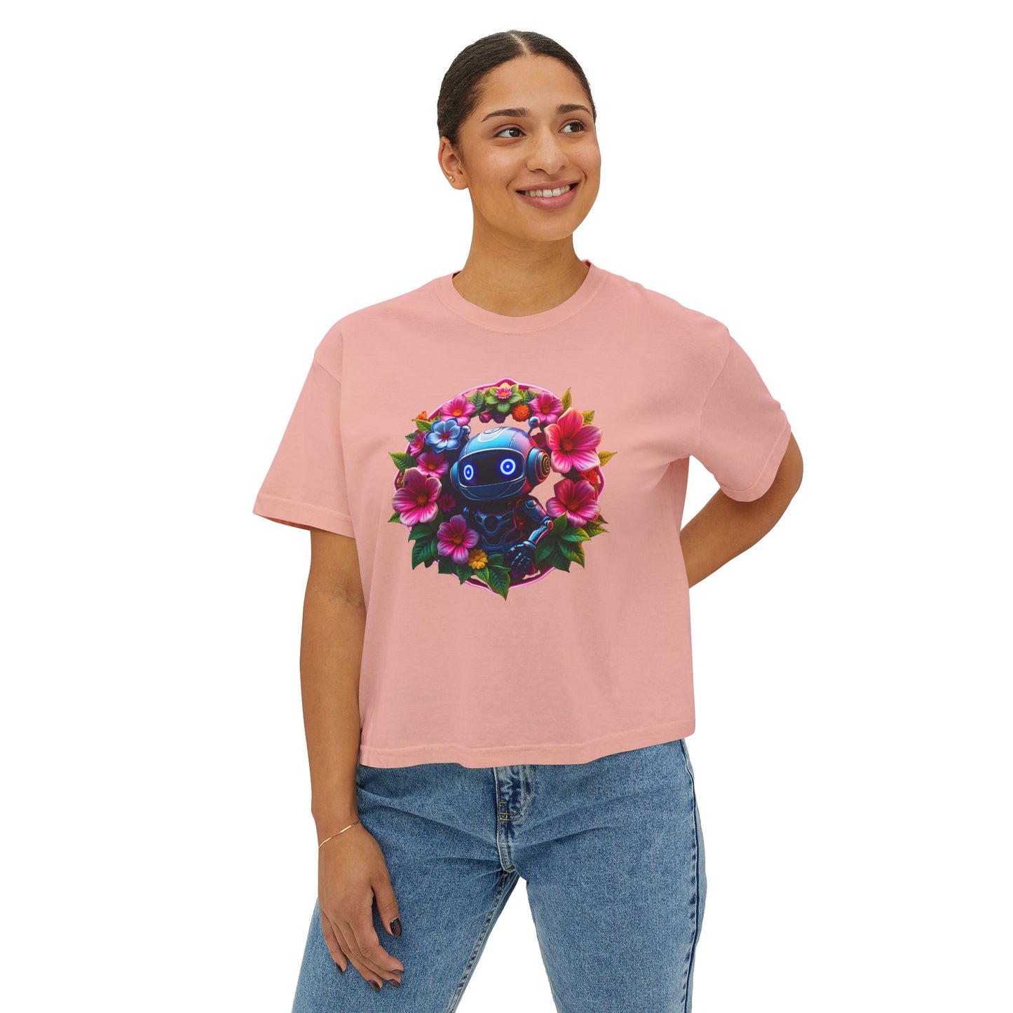 Womens Boxy Tee - 'Botanical Robot' Floral Graphic T-Shirt
