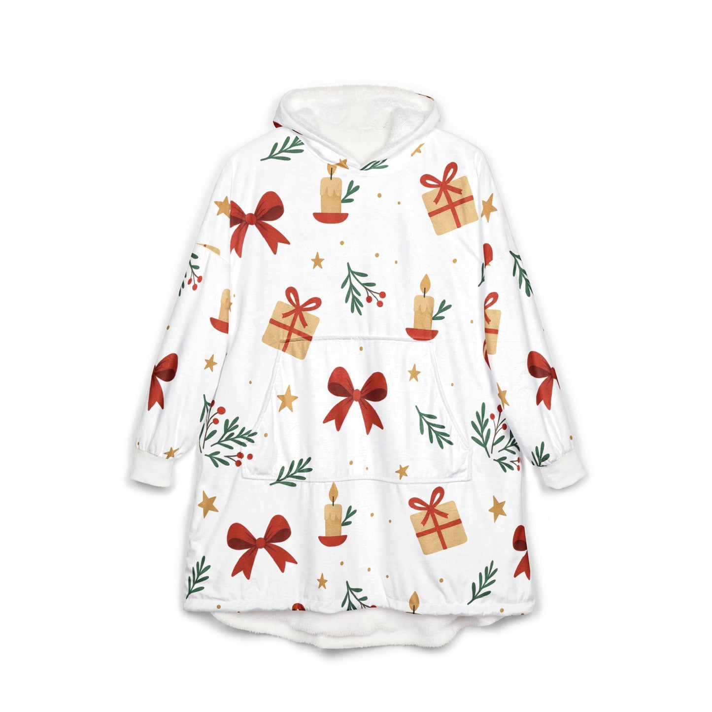 Holiday Hooded Blanket – Cozy Christmas Candles, Gifts & Bows Pattern.