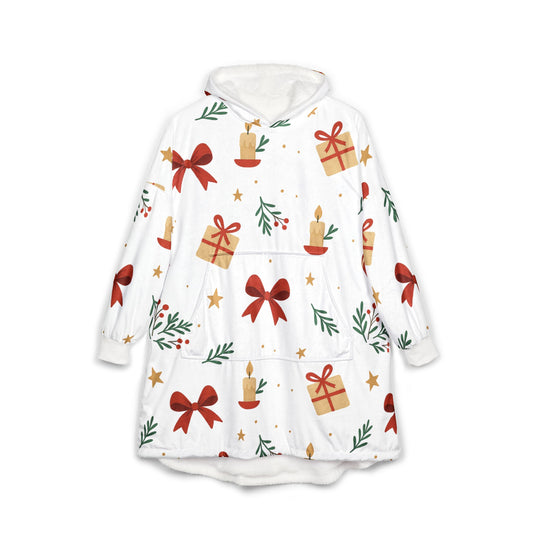 Holiday Hooded Blanket – Cozy Christmas Candles, Gifts & Bows Pattern.