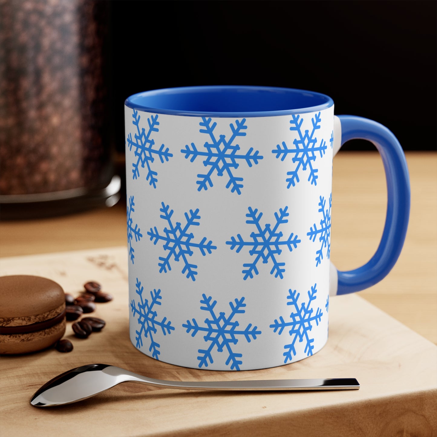 Winter Snowflake Accent Mug — Blue Snowflake 11oz Ceramic Coffee Cup