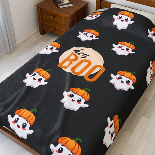 Halloween Plush Throw - Spooky Ghost Blanket, Cozy Fall Decor, Cute Couch Cover, Kids Room Blanket, Hey Boo Design