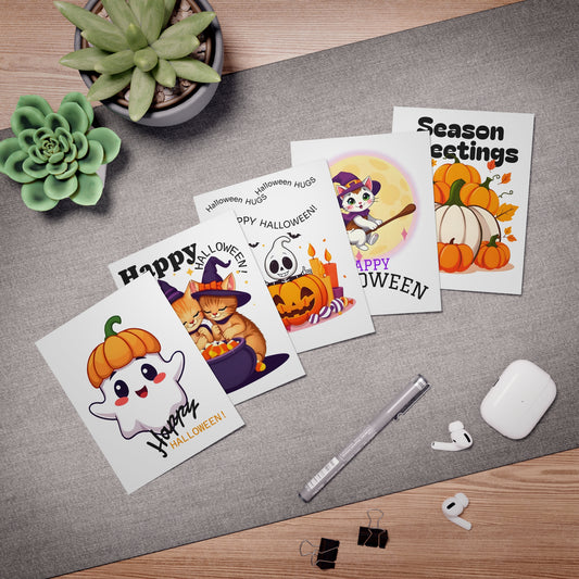 Halloween Greeting Cards, Festive Card Set, Cute Cat Cards, Pumpkin Cards, Seasonal Cards, Holiday Cards, Fall Greetings