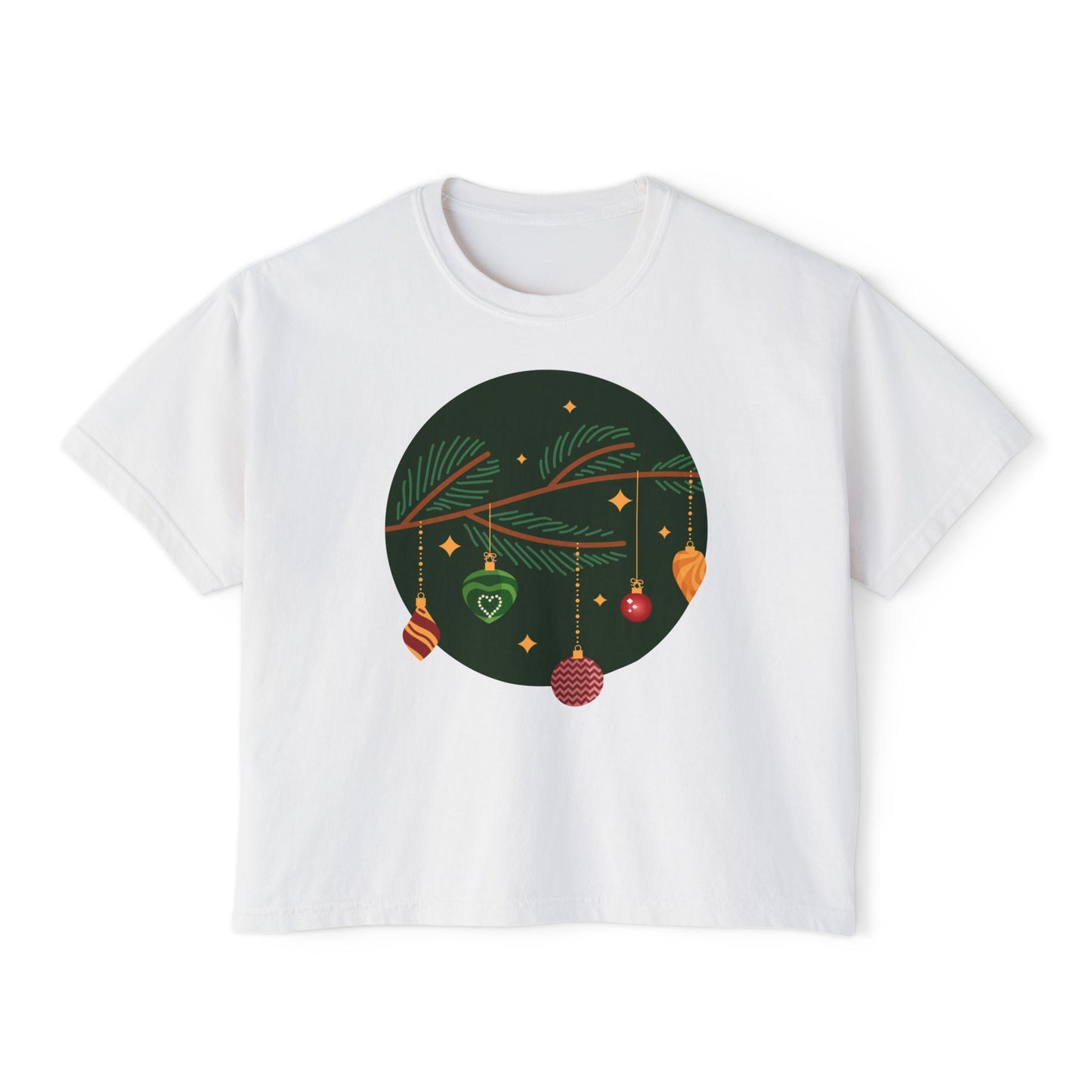 Christmas Boxy Tee — Holiday Branch & Baubles Women's Tee