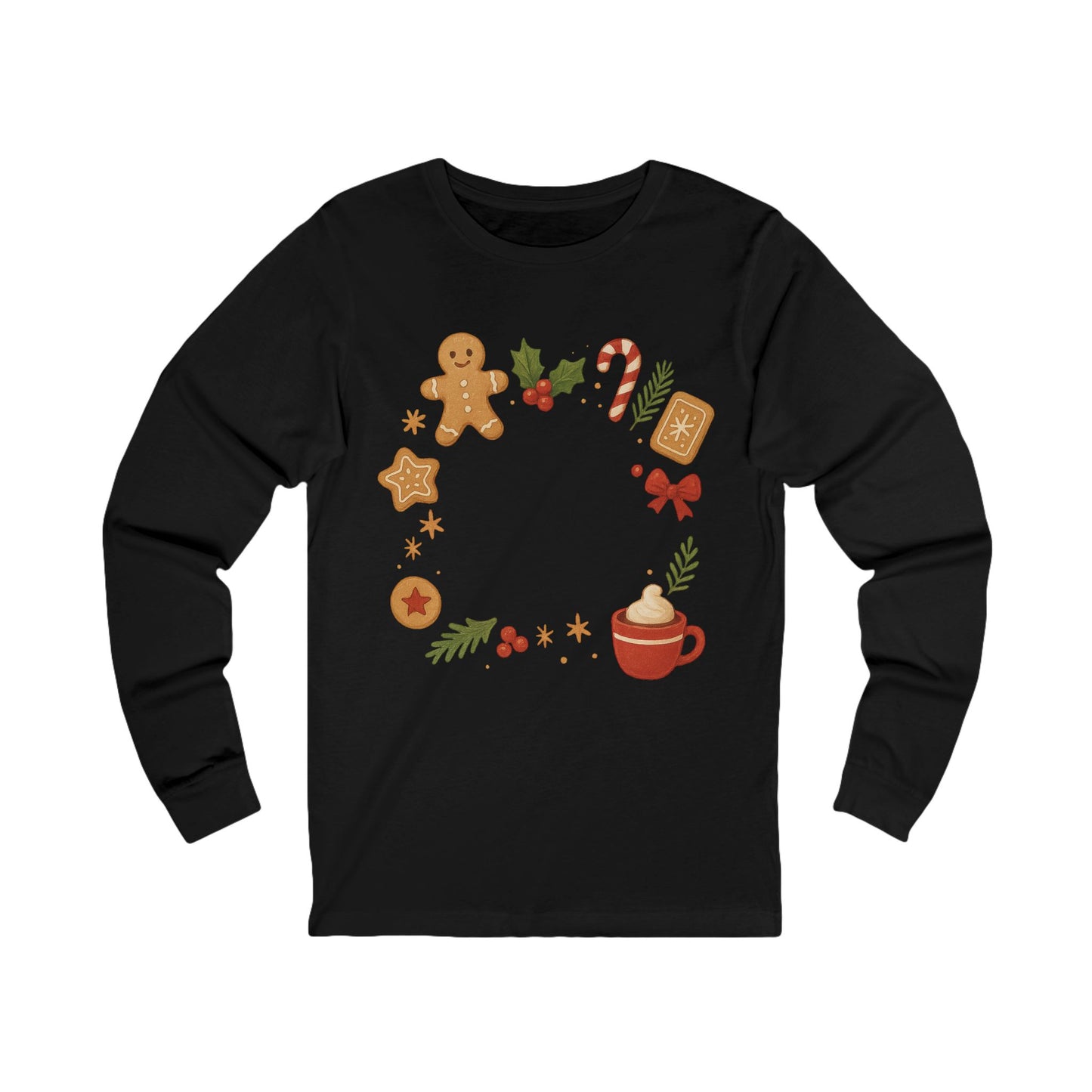 Christmas Cookie Wreath Long Sleeve Tee — Holiday Gingerbread & Cocoa Graphic