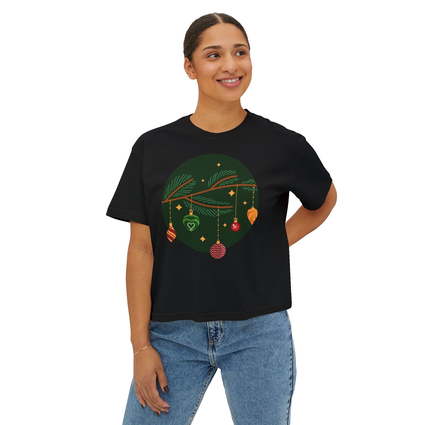 Christmas Boxy Tee — Holiday Branch & Baubles Women's Tee