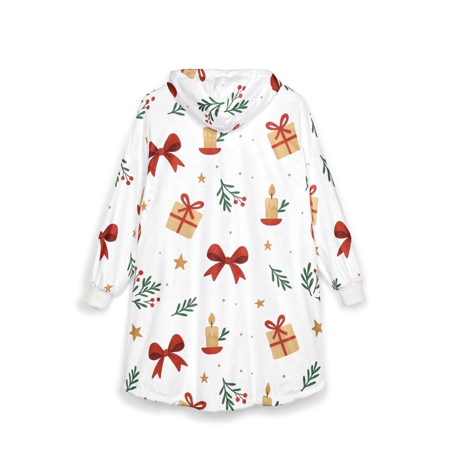 Holiday Hooded Blanket – Cozy Christmas Candles, Gifts & Bows Pattern.