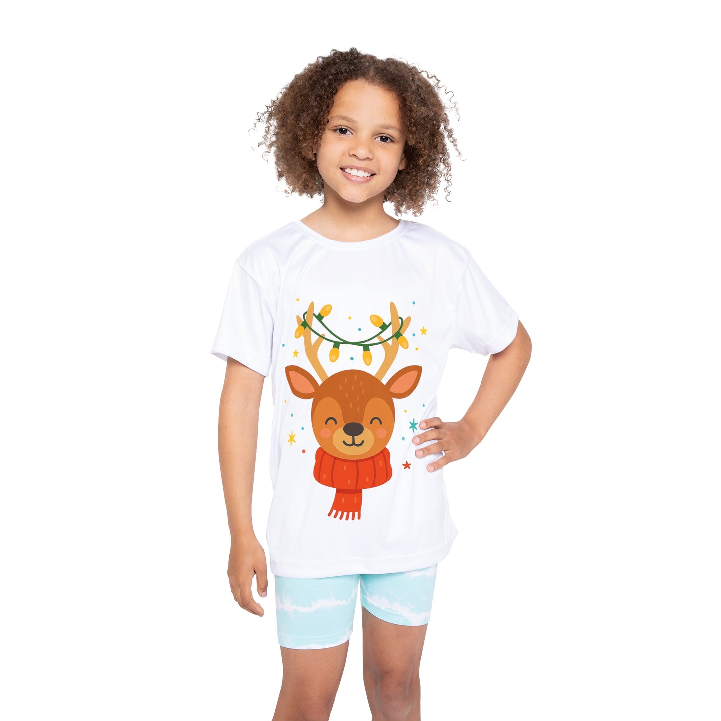 Kids Jersey – Cute Reindeer with Holiday Lights Christmas Tee