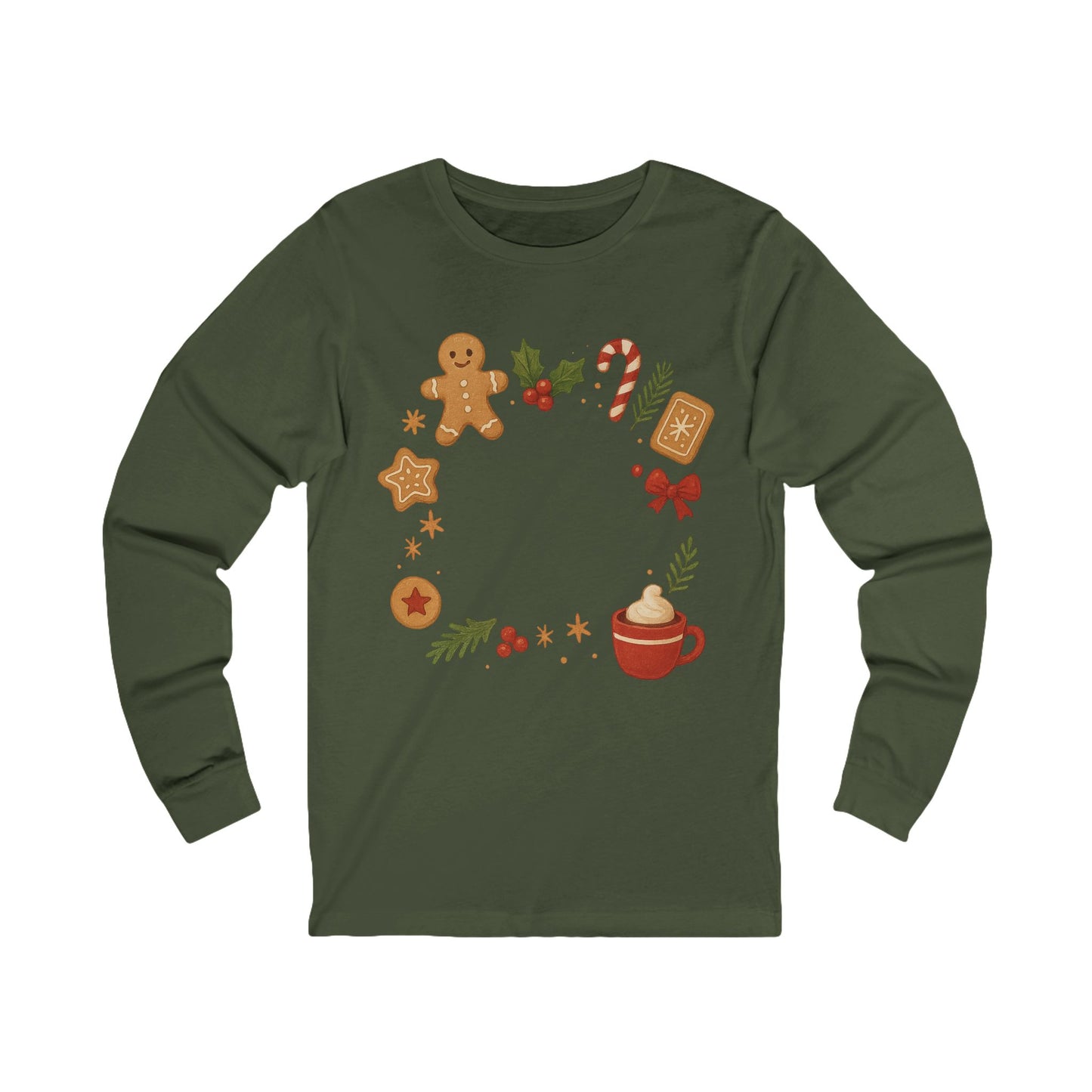 Christmas Cookie Wreath Long Sleeve Tee — Holiday Gingerbread & Cocoa Graphic