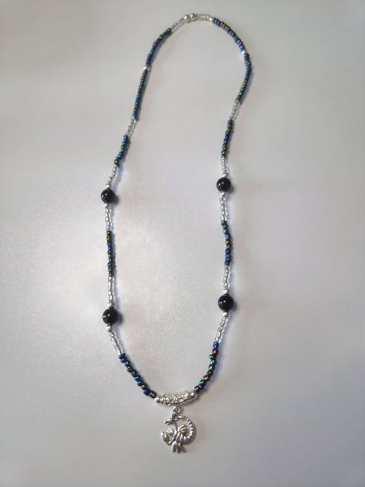 Beaded necklace with black obsidian and silver details