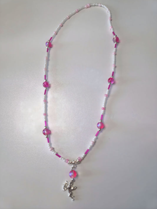 Beaded necklace with silver and pink details.