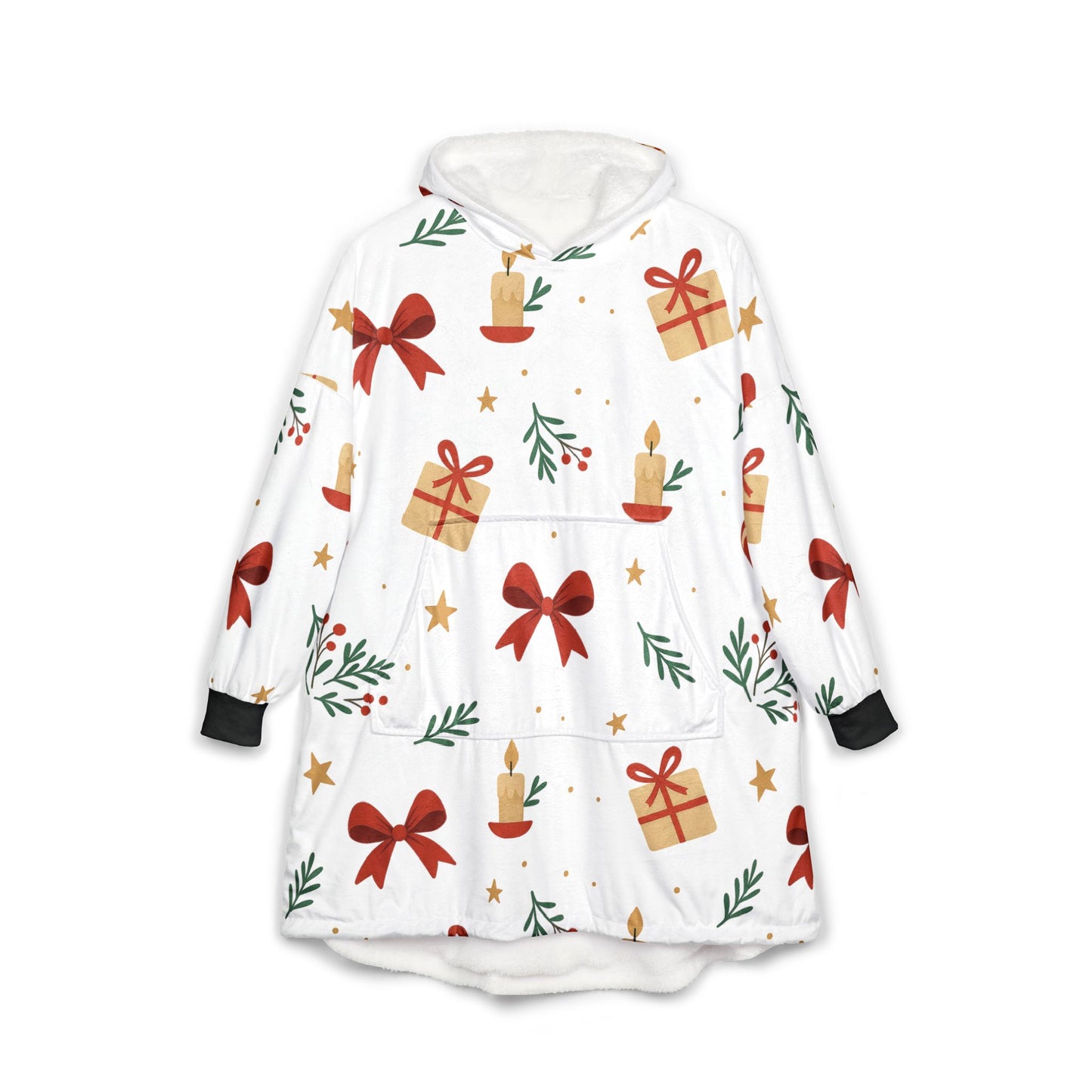 Holiday Hooded Blanket – Cozy Christmas Candles, Gifts & Bows Pattern.