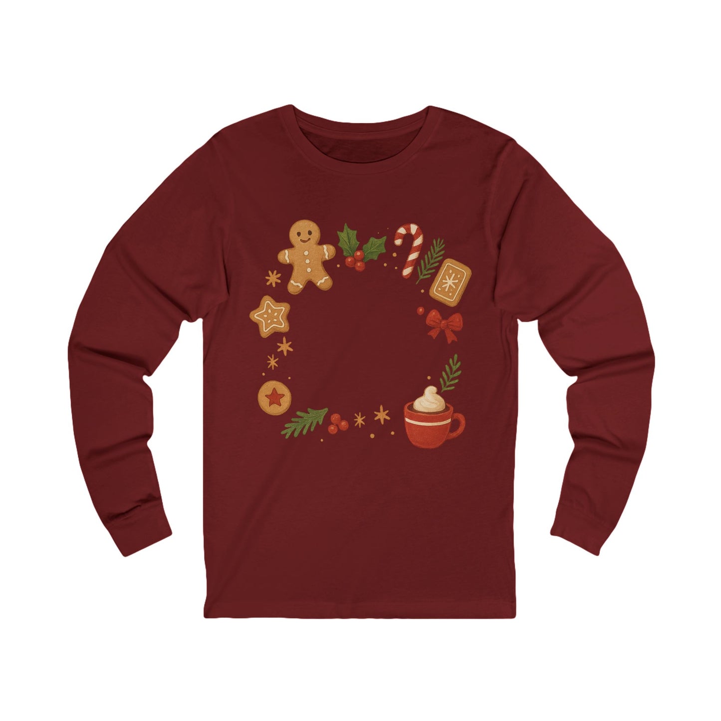 Christmas Cookie Wreath Long Sleeve Tee — Holiday Gingerbread & Cocoa Graphic