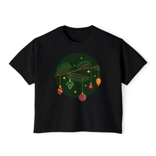 Christmas Boxy Tee — Holiday Branch & Baubles Women's Tee