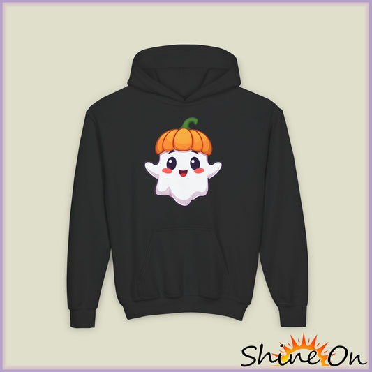 Youth Hoodie - Cute Pumpkin Ghost, Halloween Sweatshirt, Kids Costume, Fall Apparel, Trendy Hooded Sweatshirt