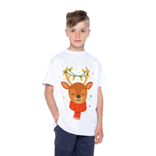 Kids Jersey – Cute Reindeer with Holiday Lights Christmas Tee