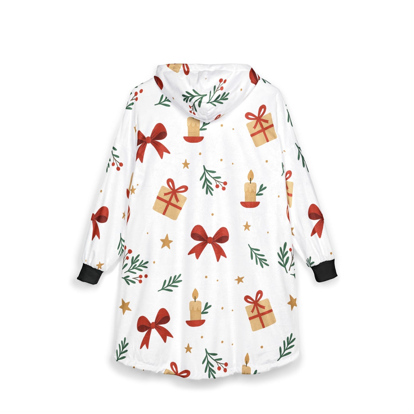 Holiday Hooded Blanket – Cozy Christmas Candles, Gifts & Bows Pattern.